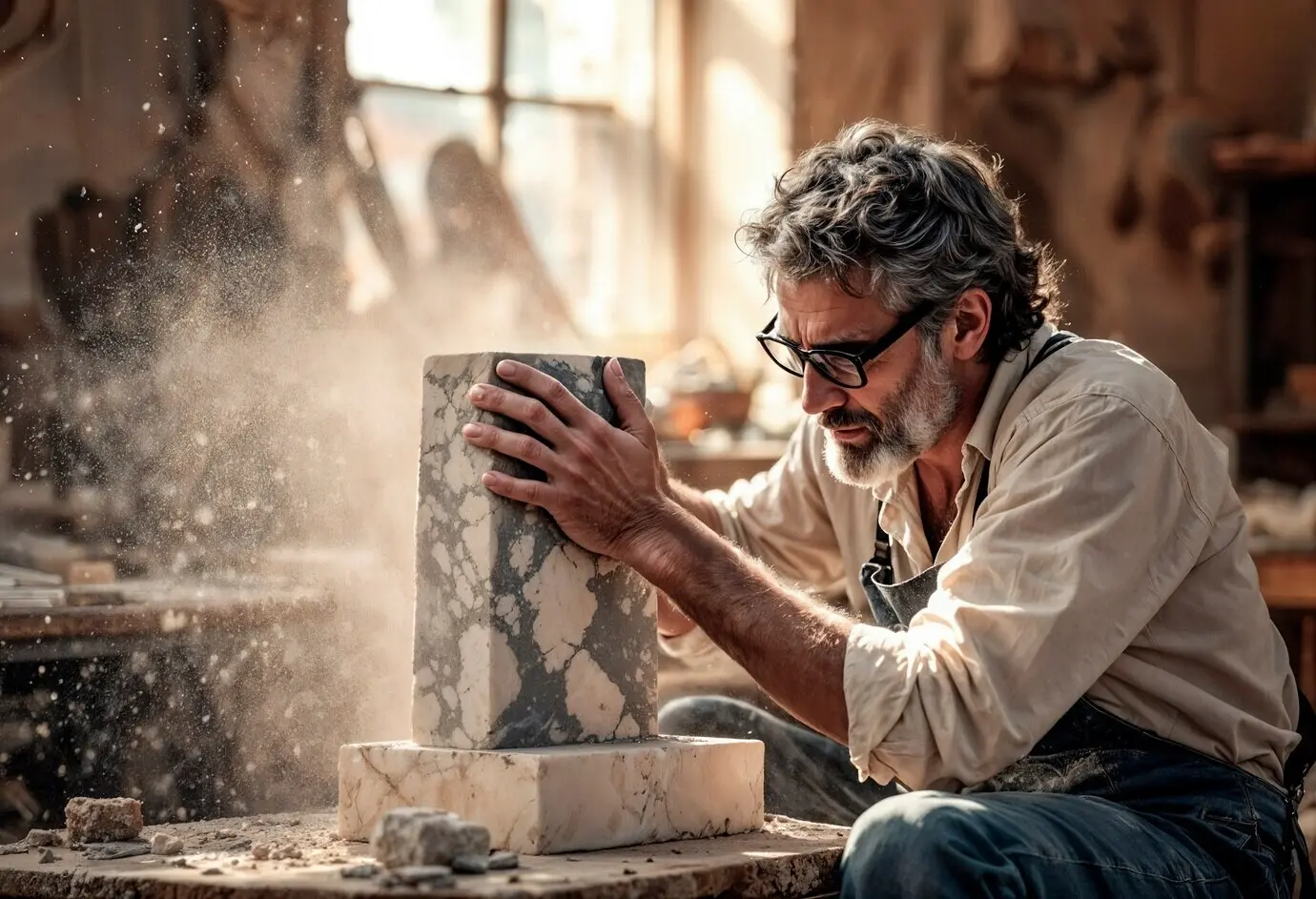 Bitte sende mir die Beschreibung von „The stone carver“, die ich auf Deutsch umformulieren soll.